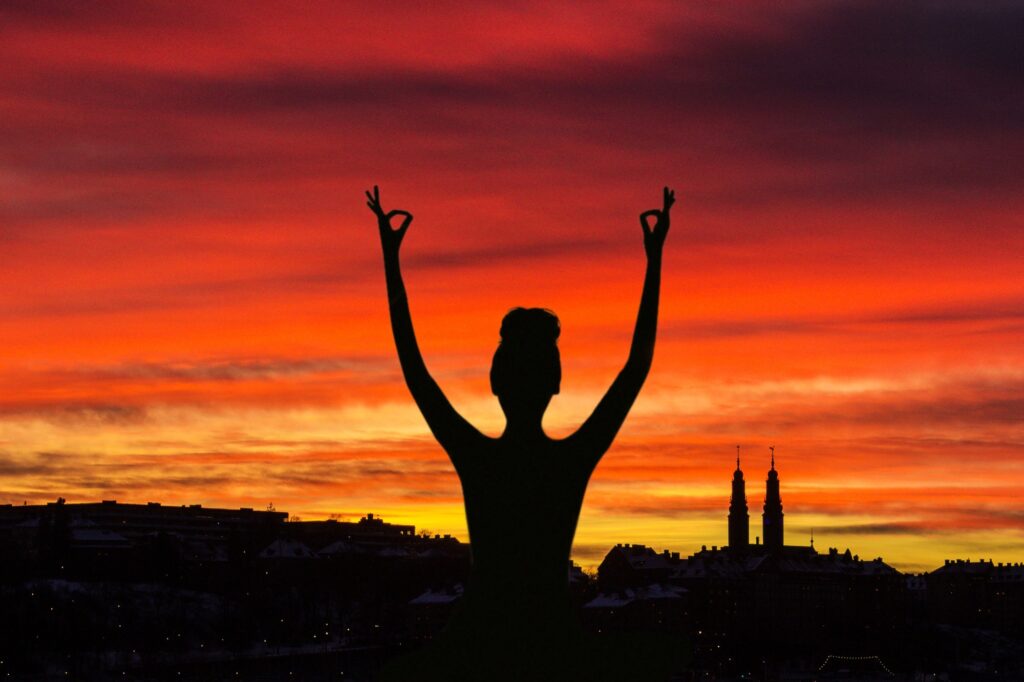 Yoga, sunset, silhouette, woman, red, sky, peace, sport, meditation, mindfulness, bright, colorful